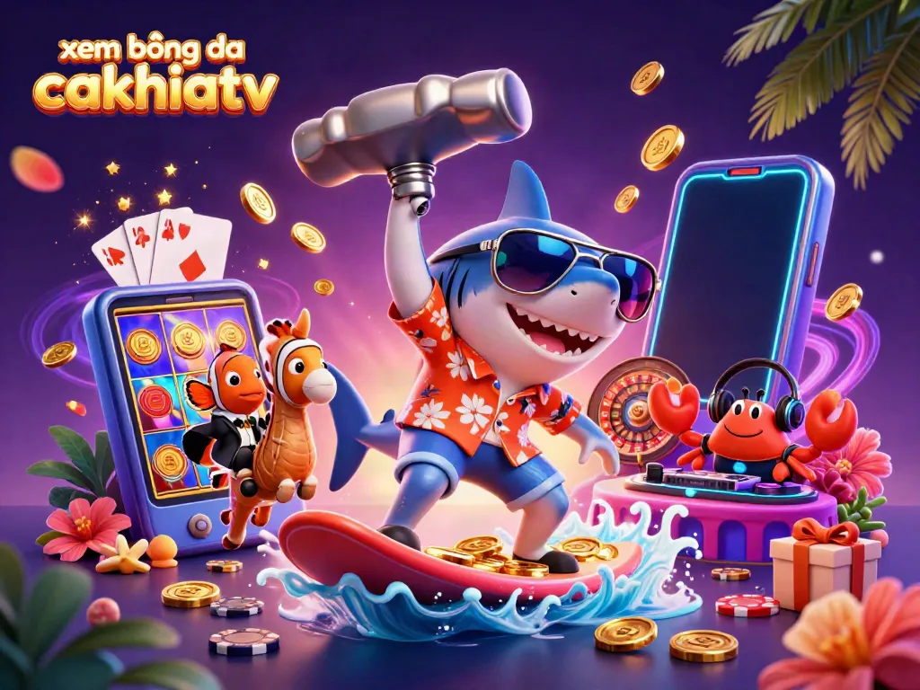 Xem bóng đá cakhiatv illustration featuring a vibrant cartoon shark surfing gold coins amidst fun casino elements.