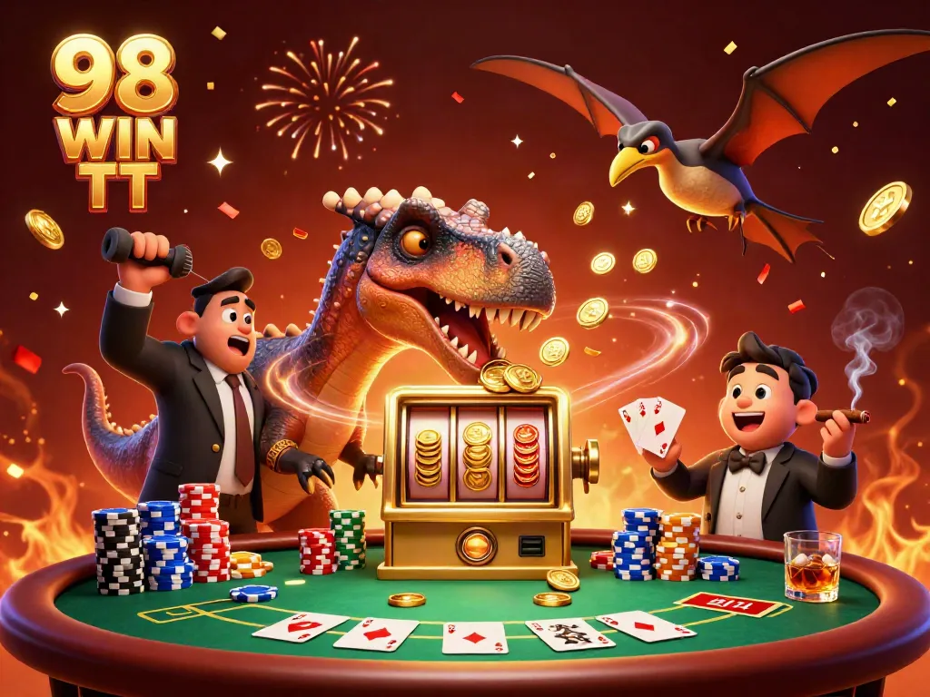 Experience thrilling jackpots at 98 WIN TT as a cartoon dinosaur plays slots with panic and excitement.