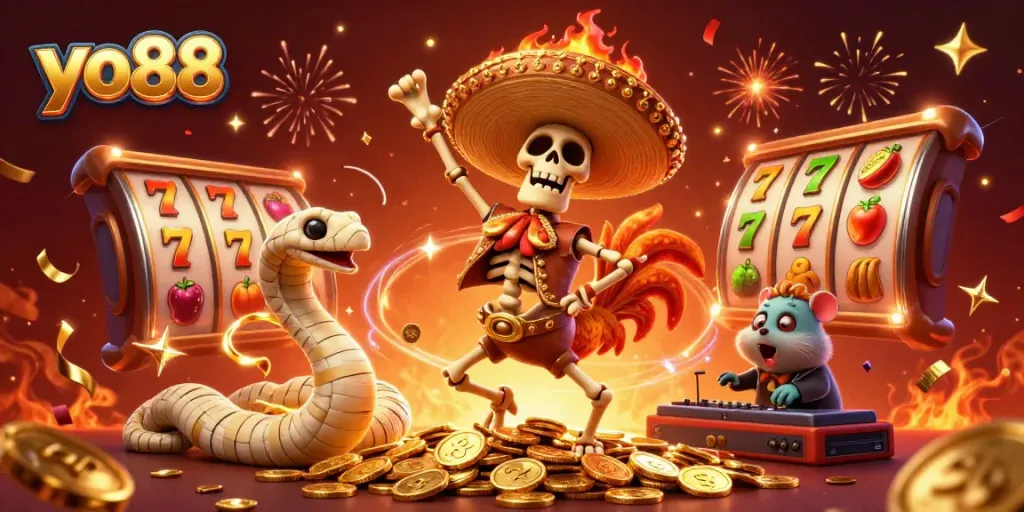 Spin to win at yo88 with a vibrant 3D illustration of festive gaming characters celebrating on golden coins.