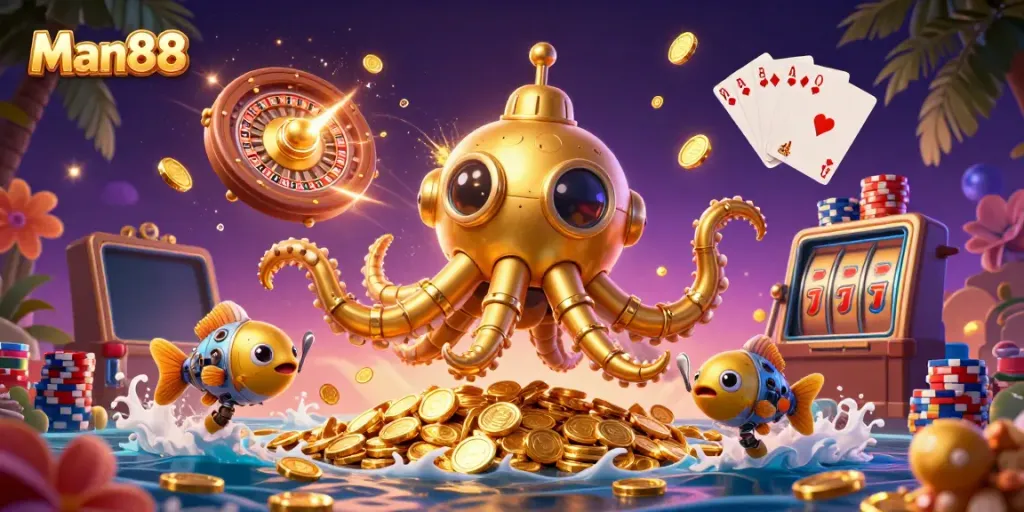 Engage with the enchanting world of Man88 as a golden kraken submarine hybrid unveils riches in this dynamic casino scene.