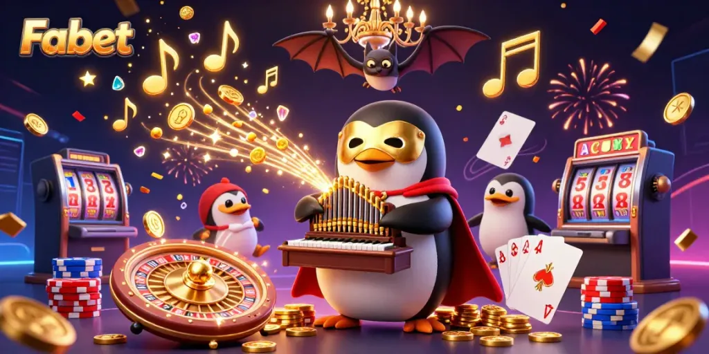 Fabet's vibrant casino scene with a phantom penguin and bat acrobat among golden coins and cards