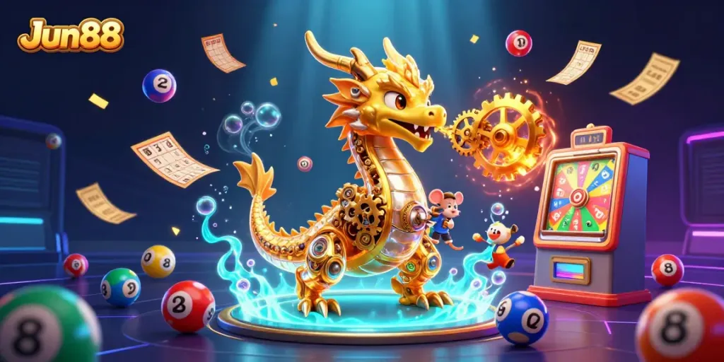 Experience the thrilling world of Jun88 with vibrant elements and a golden dragon in action.