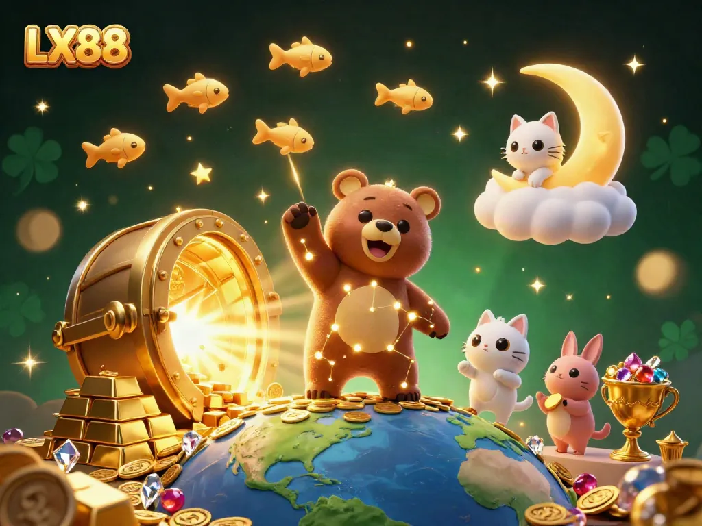 Experience the excitement of LX88 with a celestial bear and treasure in this vibrant casino illustration.