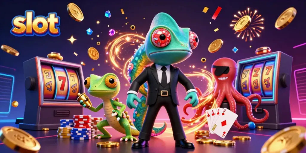 Engage with thrilling slot machine action featuring dynamic characters amidst cascading coins.