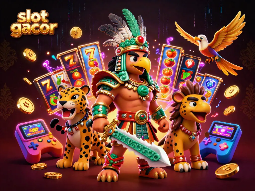 Engage with slot gacor action featuring Aztec warrior amid vibrant casino game elements.