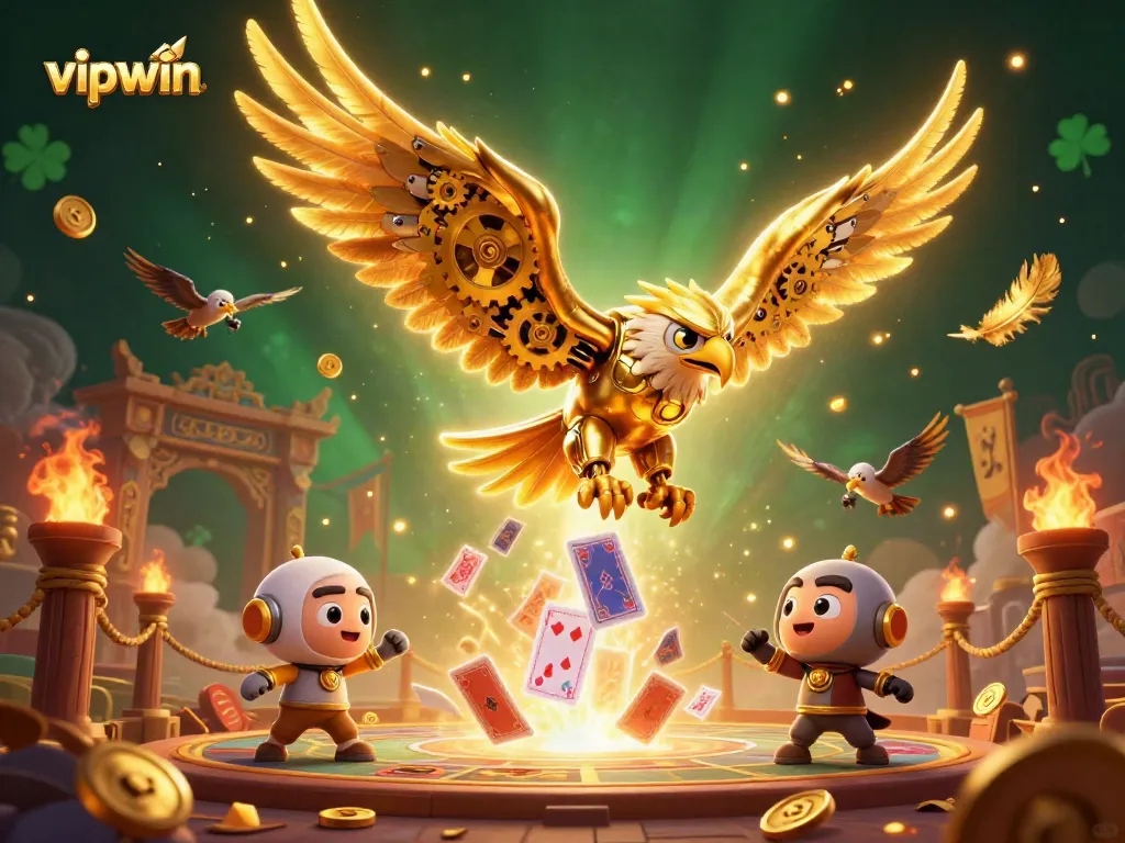 Experience vipwin’s high-stakes energy with a dynamic 3D casino illustration featuring an eagle and playing cards.