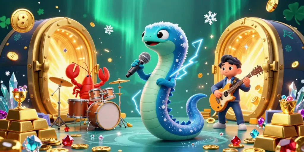 Experience the exciting underwater casino with the s 8 DJ electric eel and its band, surrounded by treasures.