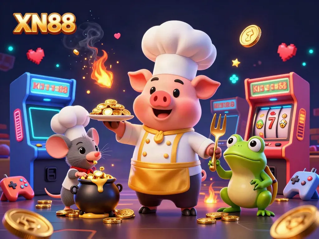 Experience the vibrant excitement of XN88 with golden coins and characters in a casino-themed illustration.