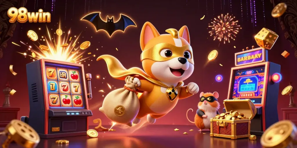 Experience the thrill of winning at 98win with a superhero dog and hamster amidst vibrant casino elements.