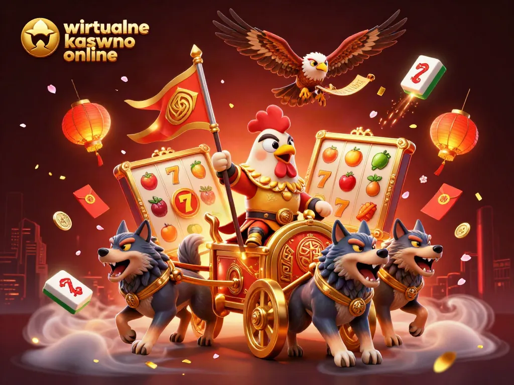 Engage with wirtualne kasyno online through a lively scene of a rooster warlord riding a golden chariot amidst exciting slot elements.