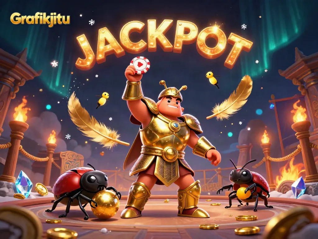 Experience Grafikjitu's exciting victory moment with a beetle hero lifting a winning poker chip in a vibrant casino scene.