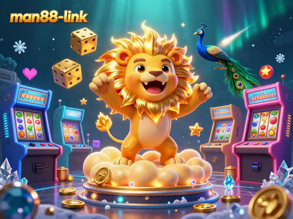 Engage with man88-link's thrilling slots scene featuring a roaring lion, colorful dice, and dynamic game elements.