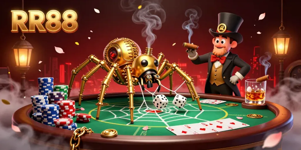 Experience RR88's captivating online casino world with a steampunk web of poker excitement.
