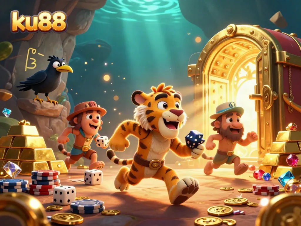 ku88 casino thrills with a cartoon caveman and tiger duo surrounded by treasures
