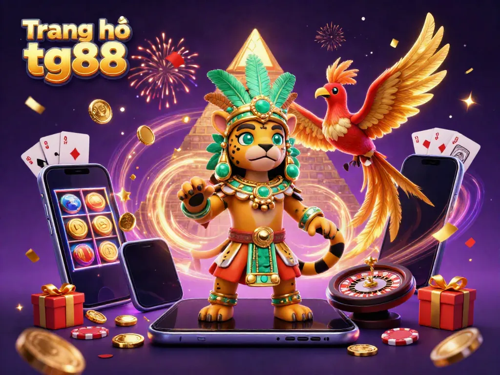 Experience the excitement of Trang chủ tg88 with a vibrant and dynamic casino scene featuring slot games, celebratory elements, and unique characters!