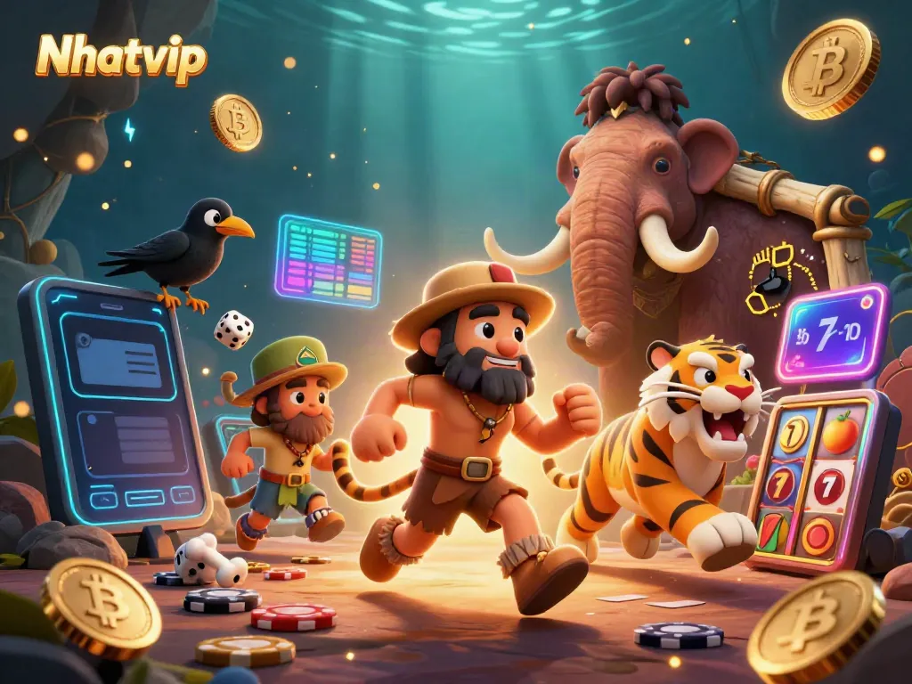 Win big at Nhatvip with a lively prehistoric casino featuring animated characters and vibrant 3D elements.