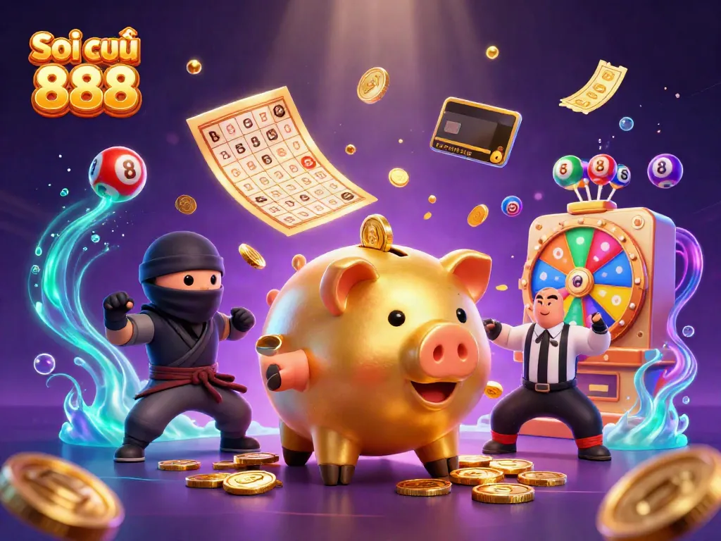 Soi cầu 888 action scene featuring a golden piggy bank sumo wrestler and ninja, dynamic lottery elements