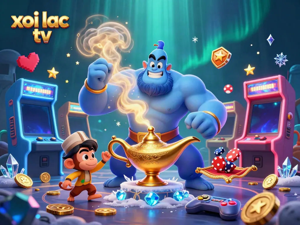 Engage in thrilling online gaming with xoi lac tv showcased amid vibrant illustrations of casino elements.