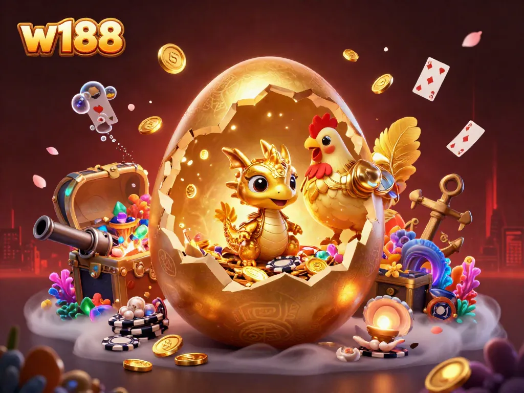 Experience the excitement of w188 with a golden egg, baby dragon, and poker chips in a lively casino-themed scene.