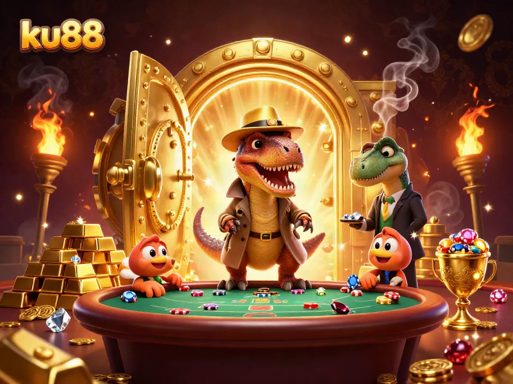 ku88 players enjoy a dynamic blackjack game scene with treasure elements and playful characters.