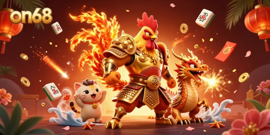 Engage in thrilling action with on68, featuring a rooster warrior, dragon hatchling, and fortune cat in a vibrant casino scene.