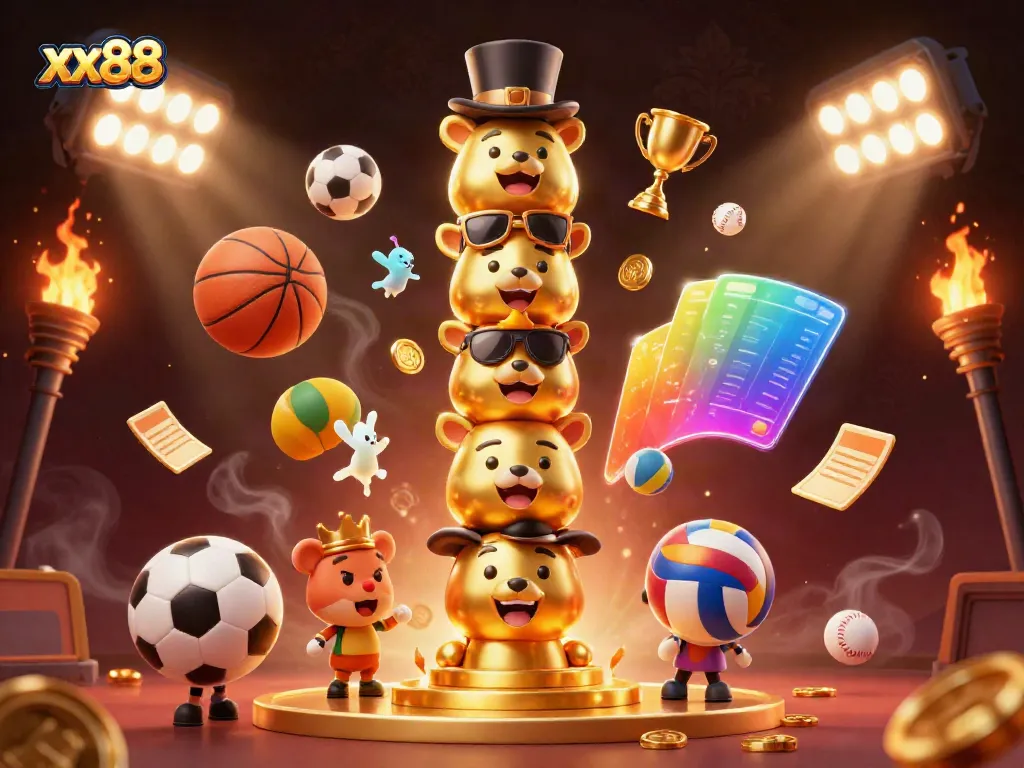 Win big with xx88 by exploring this vibrant, energetic casino scene filled with characters and exciting game elements.
