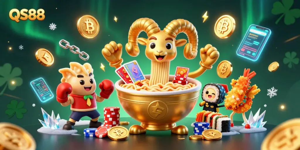 QS88 promotes an engaging casino experience featuring animated characters dealing cards and stacking chips.