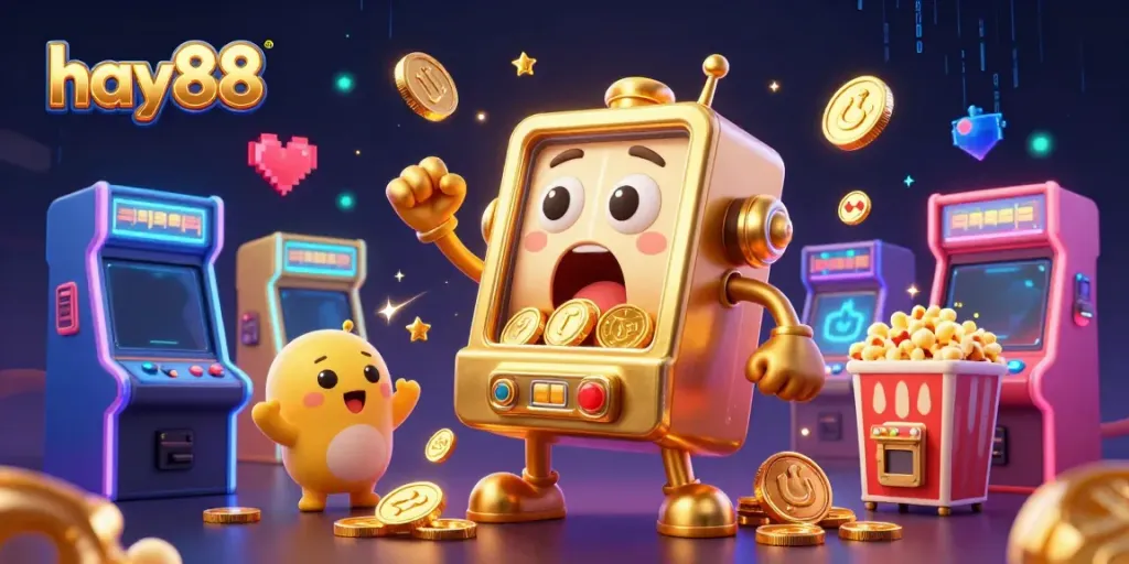 Experience the excitement of hay88 with a lively 3D golden slot machine jackpot celebration.