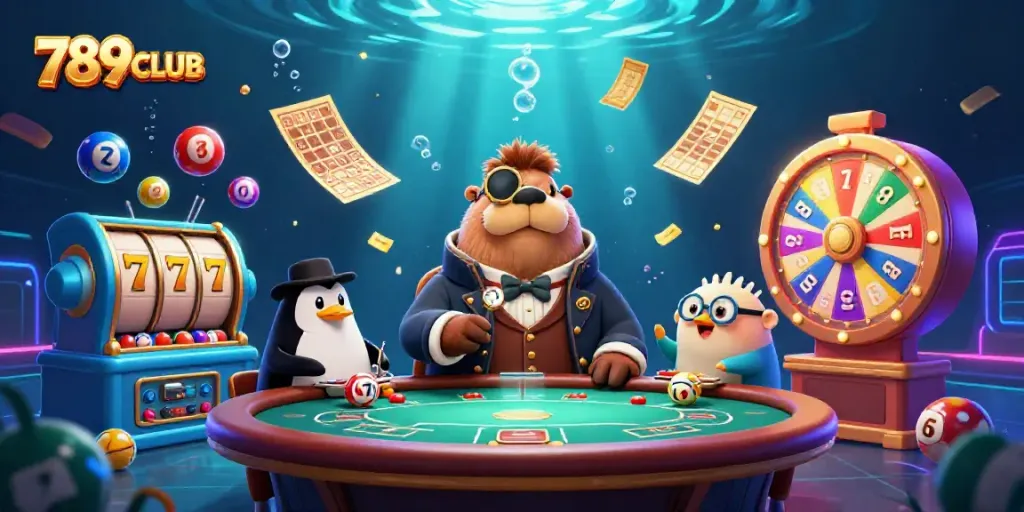 Join the excitement of 789CLUB with a jolly walrus and friends at a lively poker table.