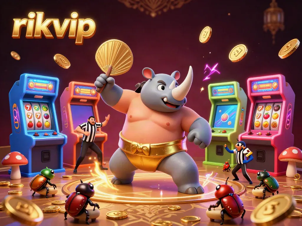 Experience the thrill at RIKVIP, where a beetle sumo champion stirs golden coins amidst neon game machines.