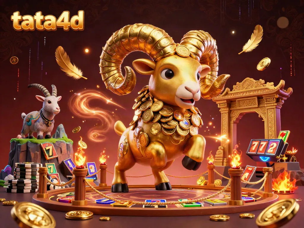 Watch the thrilling scene as tata4d's golden ram charges through a dazzling slot arena filled with coins and lucky symbols.