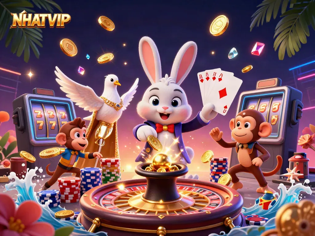 Witness the magic at NHATVIP with a dynamic illustration featuring a magician rabbit, a dove, and a monkey amidst golden coins and casino elements.