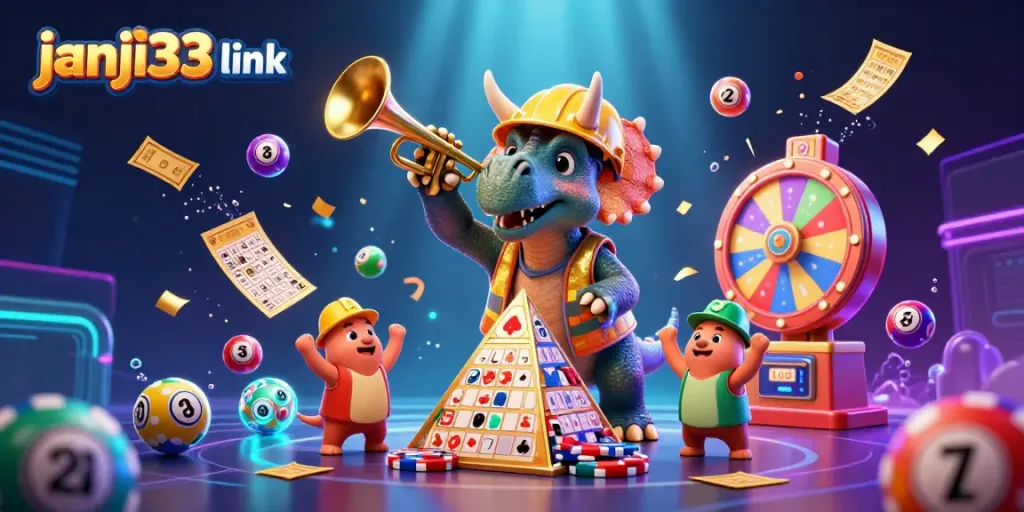 Mainkan slot dengan janji33 link sambil merayakan kemenangan dan chip poker bersinar.