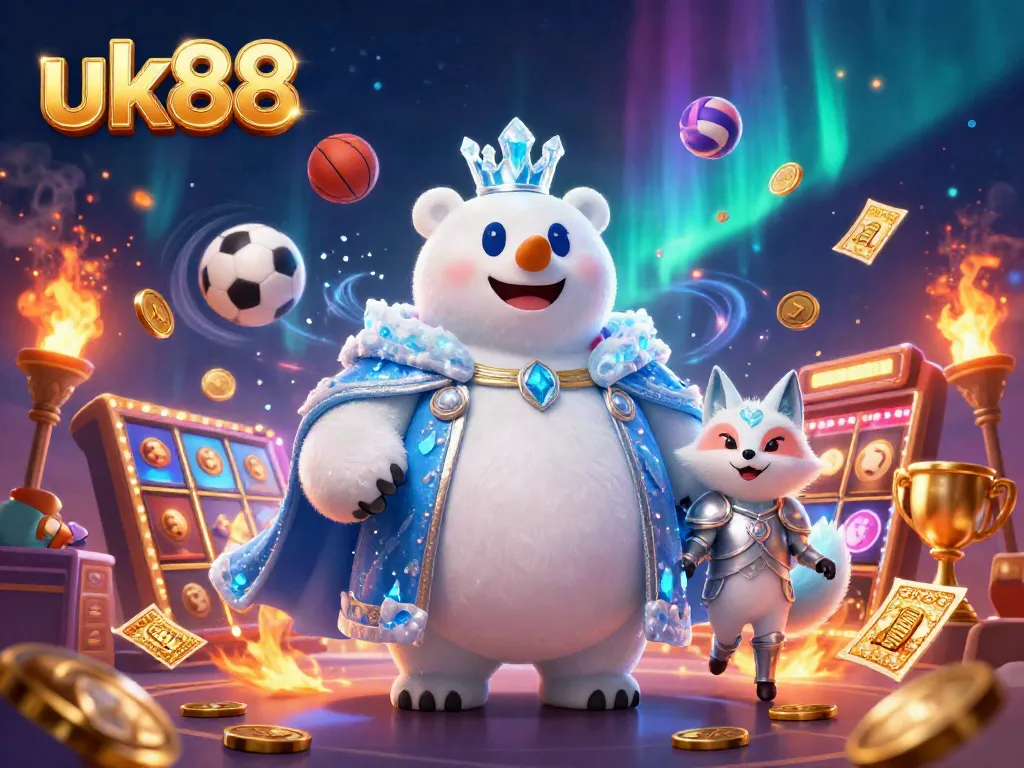 Experience thrilling gaming at uk88 with vibrant slot reels, polar bear royalty, and enchanting visuals.
