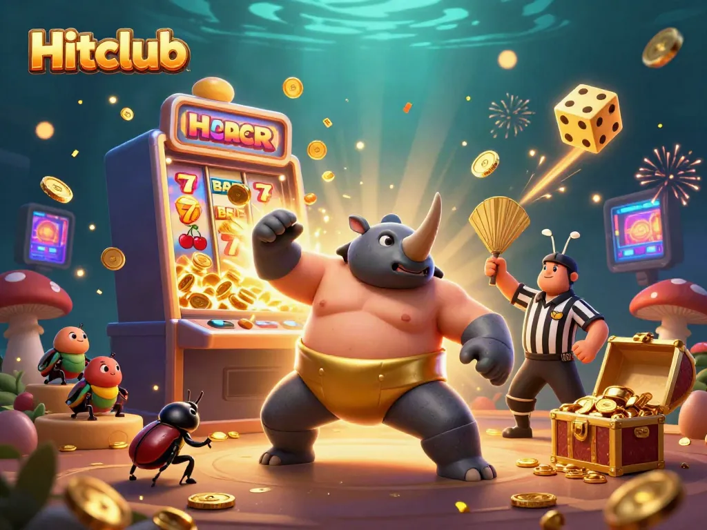 Experience thrilling action at Hitclub with a sumo beetle stomping gold coins amidst spectacular casino elements.