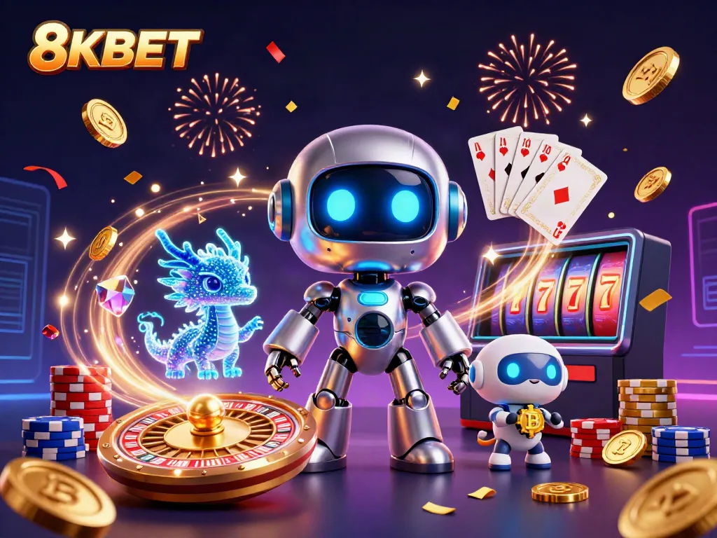 Experience the thrilling atmosphere of 8KBET with a futuristic casino scene showcasing vibrant characters, coins, and games.