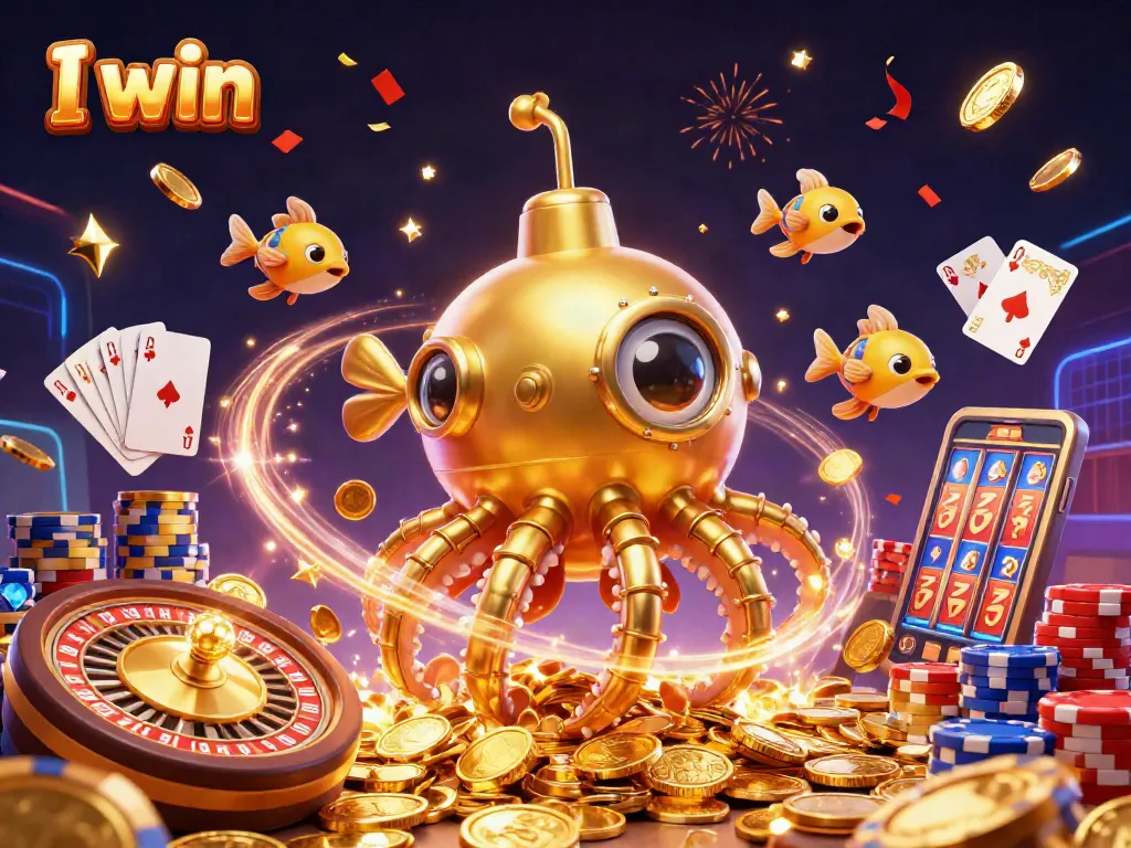 I win in a vibrant casino scene with a golden kraken submarine and dynamic game elements.