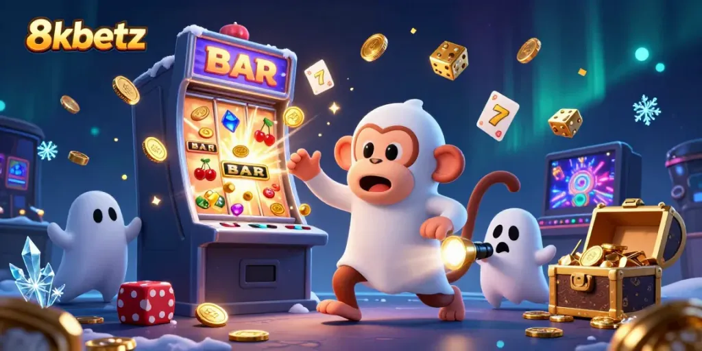 Experience the enchanting world of 8xbetz with a playful ghost monkey and curious puppy in a vibrant casino.