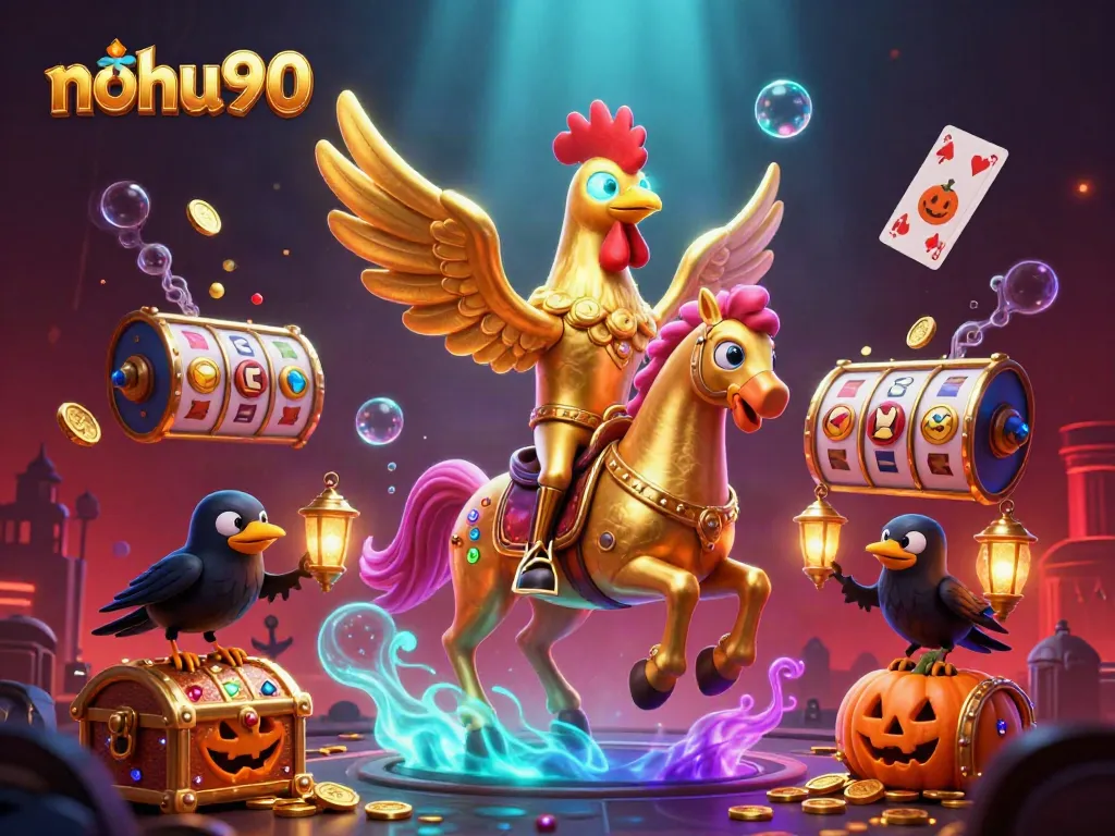 Experience the excitement of nohu90 with a vibrant 3D scene showcasing golden rooster characters and slot games.