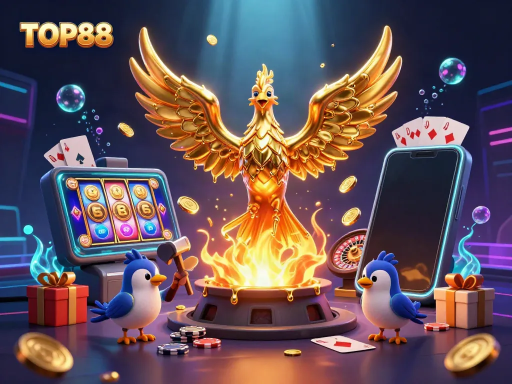 Play slots and win with TOP88, featuring a golden phoenix and vibrant casino elements.