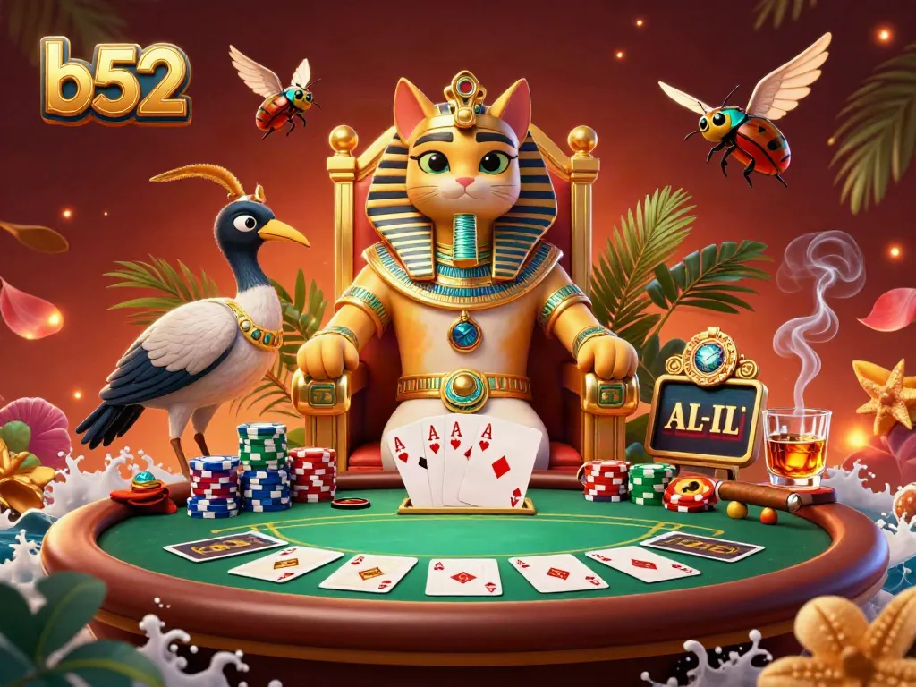 b52 casino illustration featuring a cartoon Egyptian cat pharaoh with poker elements and vibrant richness.