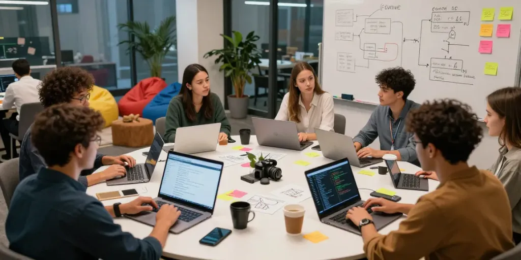 Collaborative software engineers discussing pecah404 in a vibrant office environment.