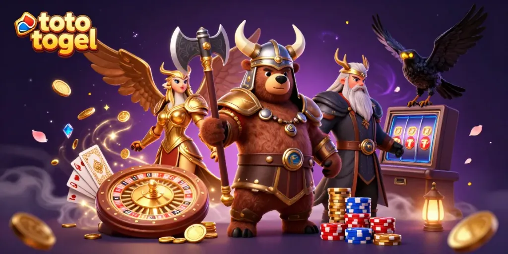 Ilustrasi 3D ceria dari toto togel dengan karakter beruang Viking dan elang Valkyrie di kasino yang meriah.