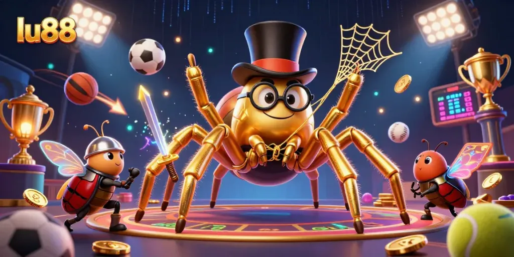 Engage with lu88's vibrant casino scene featuring a giant tarantula and dynamic sports elements.