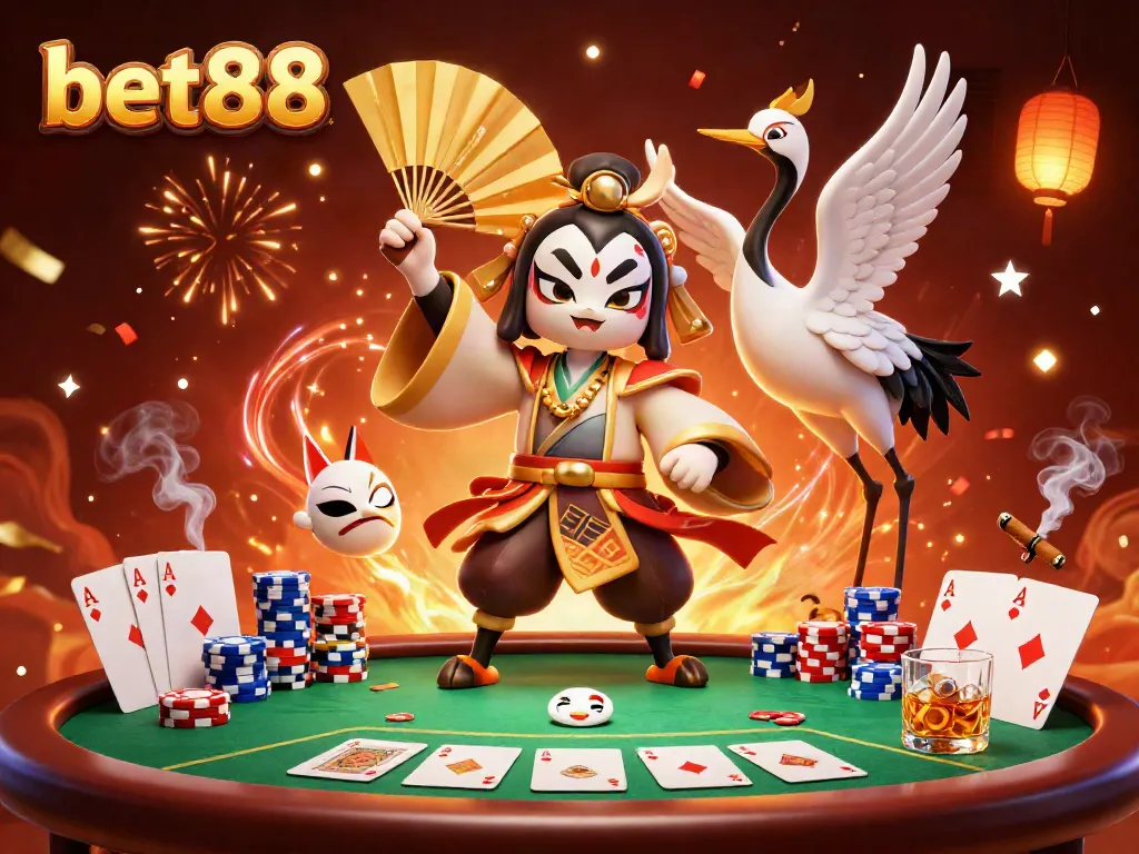 Experience the thrill of bet88 with vibrant casino characters amidst dynamic game elements and a dazzling background.