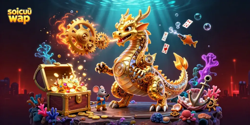 Engage with soi cầu wap insights through the dynamic 3D illustration of a golden dragon and magical elements.