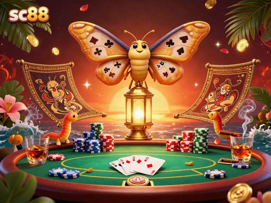 Experience the thrilling ambiance of sc88's casino, featuring vibrant moths, poker, and rich visuals.
