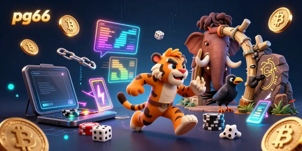 pg66's engaging casino scene featuring a cartoon caveman and sabertooth tiger with crypto elements, highlighting gaming excitement