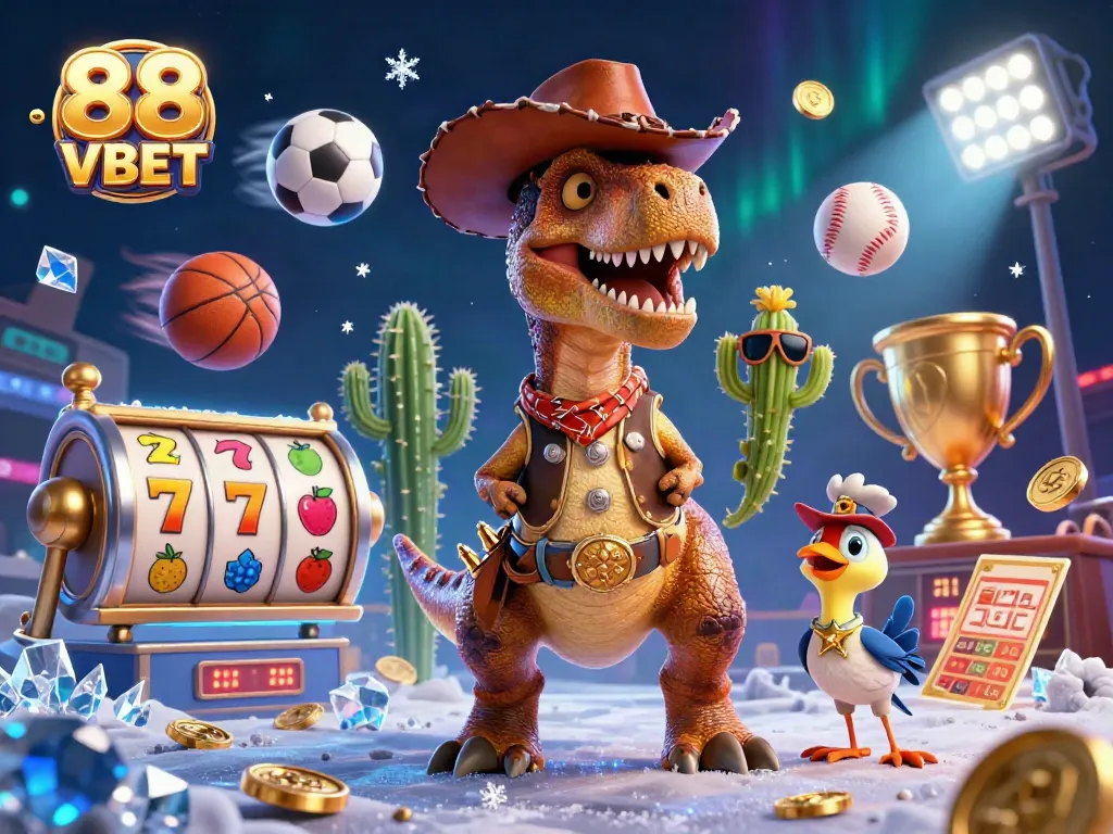 Catch the excitement of 88 VBET slots with this dynamic casino-themed illustration featuring a T-Rex.