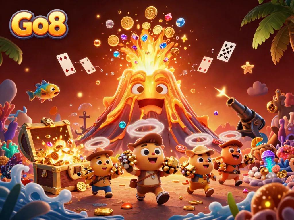 Engage with Go8's thrilling world through jubilant treasure eruptions, vibrant casino elements, and dynamic characters.